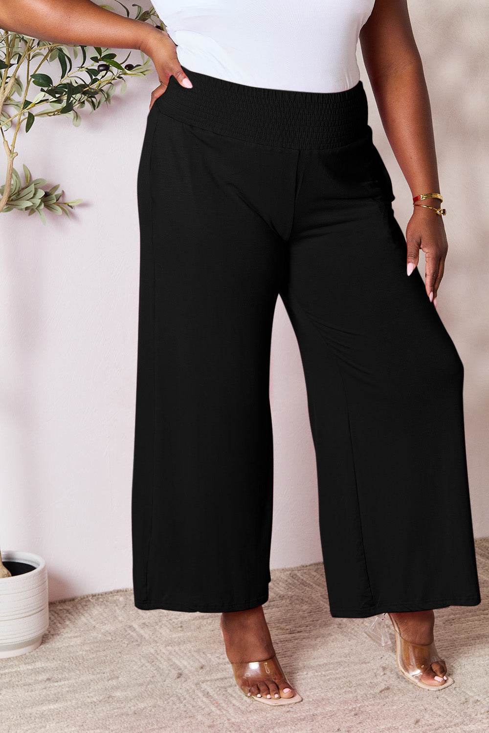 Double Take Full Size Smocked Wide Waistband Wide Leg Pants - Delanoir