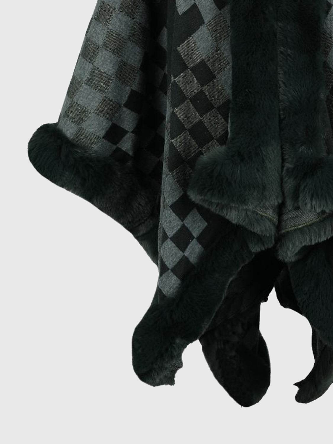 Checkered Faux Fur Trim Poncho - Delanoir