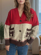 Pocketed Contrast V-Neck Button Up Cardigan - Delanoir