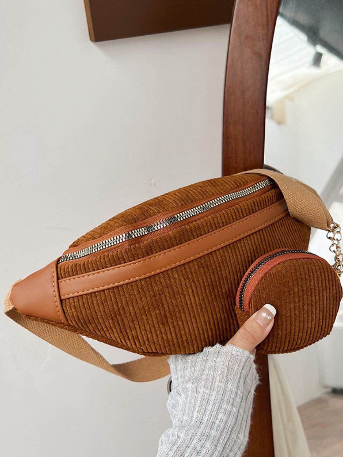 Corduroy Adjustable Strap Crossbody Bag with Pouch - Delanoir