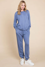 Super Lady Round Neck Raglan Sleeve Top and Pants Lounge Set - Delanoir
