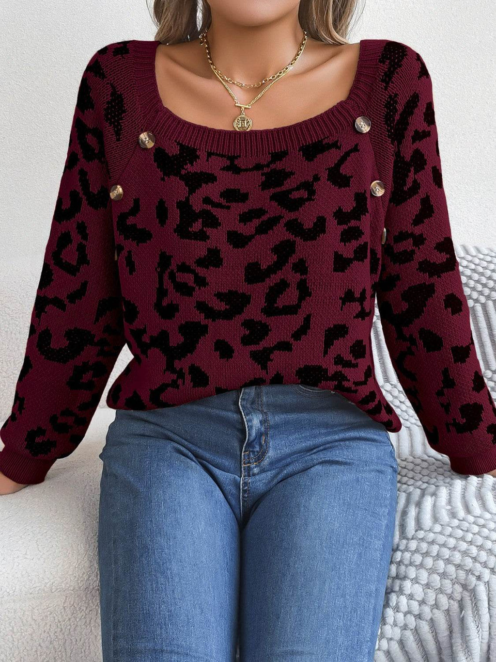 Leopard Buttoned Square Neck Sweater - Delanoir