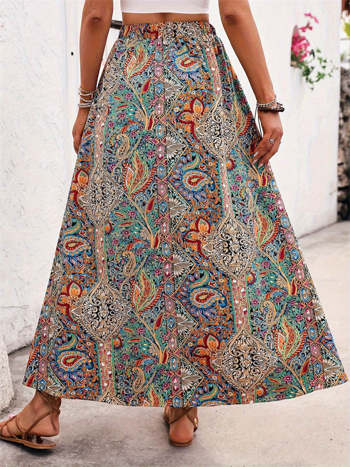 Slit Printed Elastic Waist Skirt - Delanoir