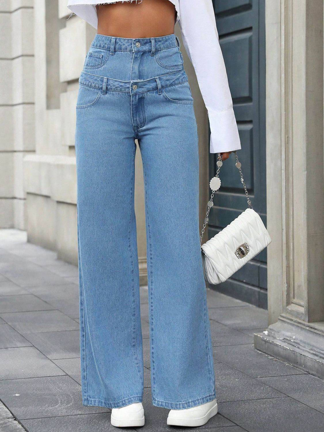 Faux Layered High Waist Jeans - Delanoir