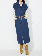 Slit Half Button Collared Neck Cap Sleeve Denim Dress - Delanoir