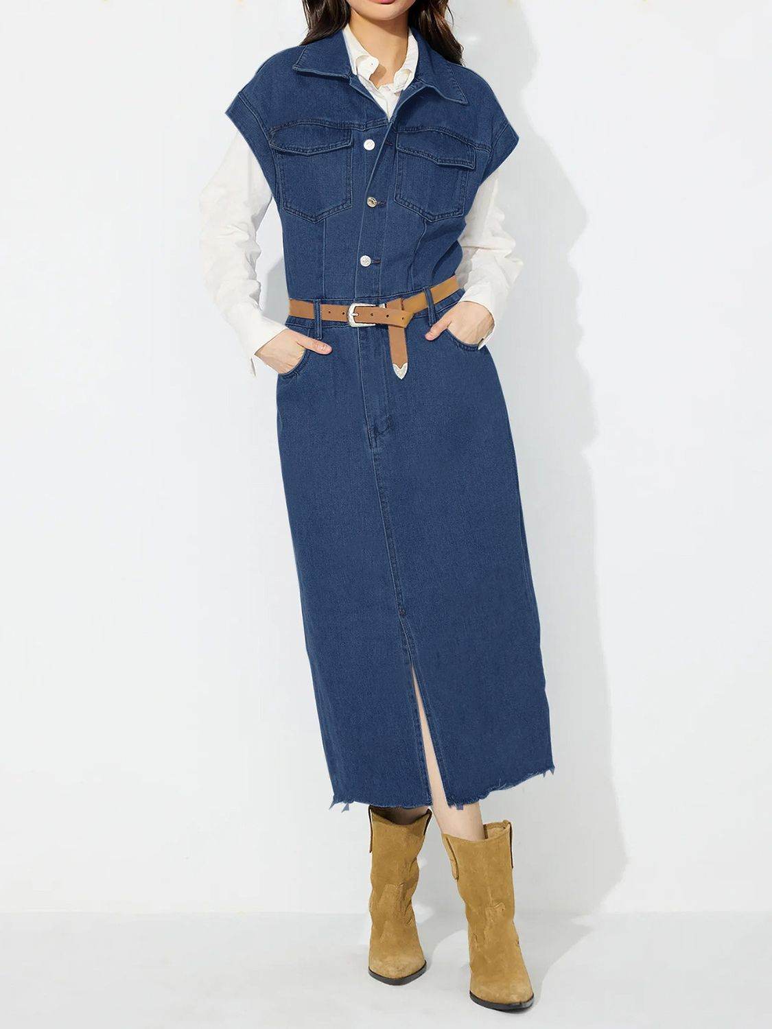 Slit Half Button Collared Neck Cap Sleeve Denim Dress - Delanoir