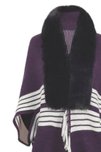 Striped Fringe Detail Long Sleeve Poncho - Delanoir