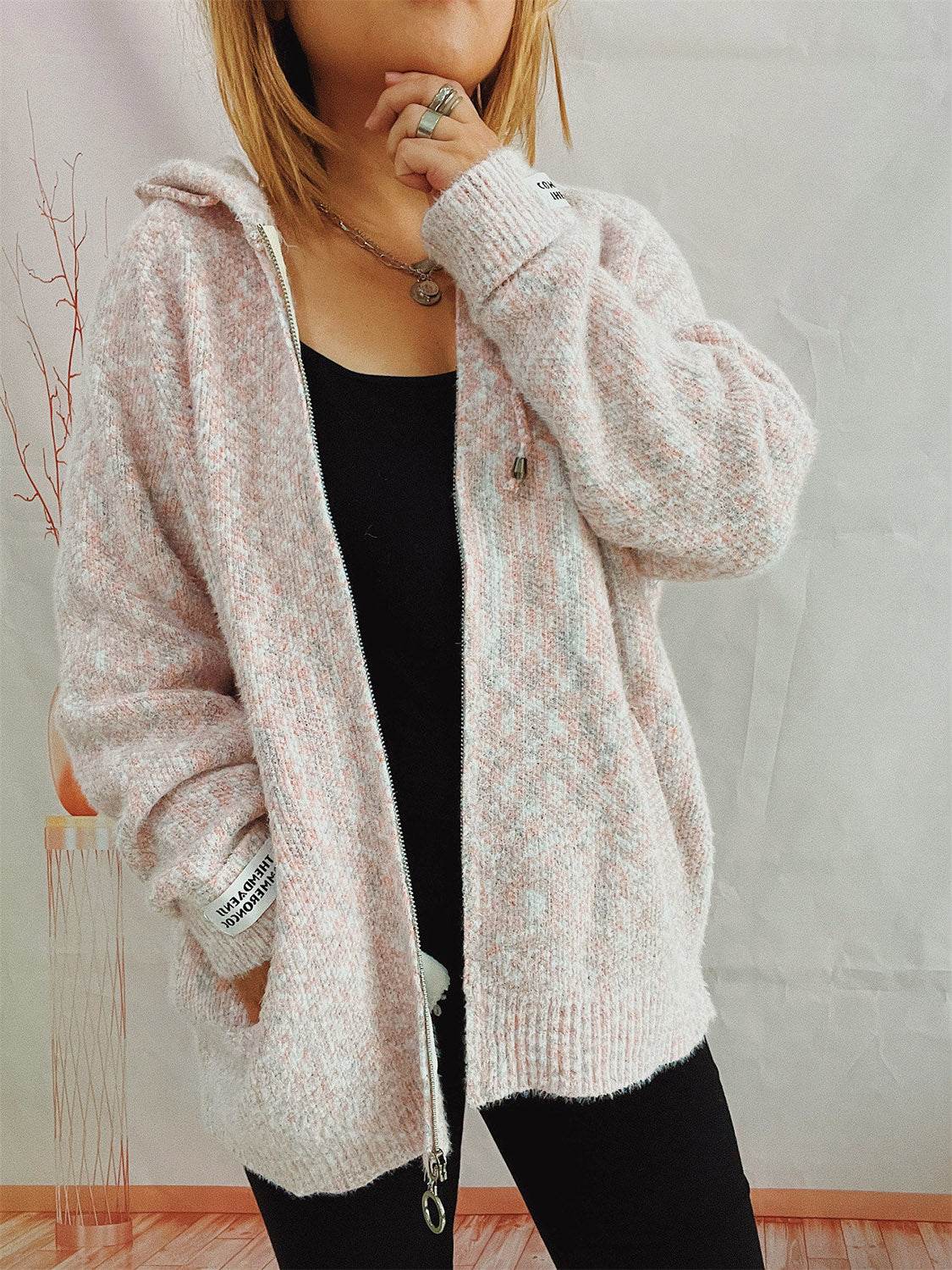 Zip Up Drawstring Long Sleeve Hooded Sweater - Delanoir