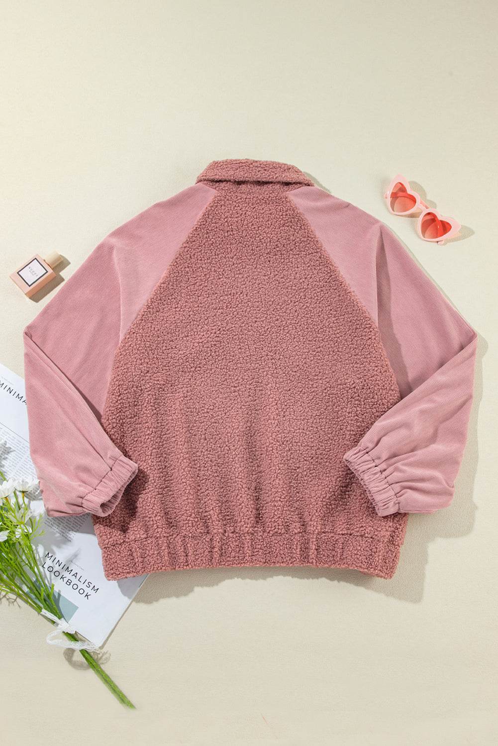 Lace Detail Zip Up Sherpa Patchwork Jacket - Delanoir