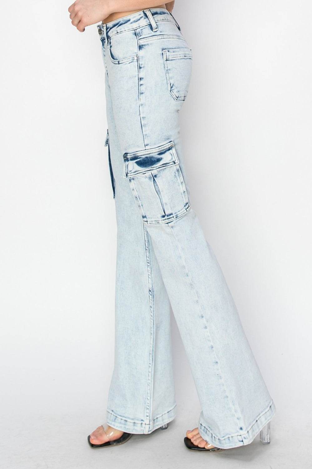 RISEN Full Size High Rise Cargo Flare Jeans - Delanoir
