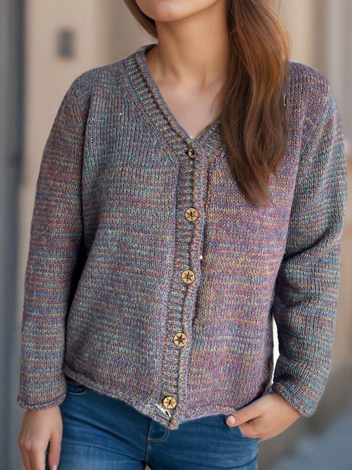 Heathered V-Neck Long Sleeve Cardigan - Delanoir