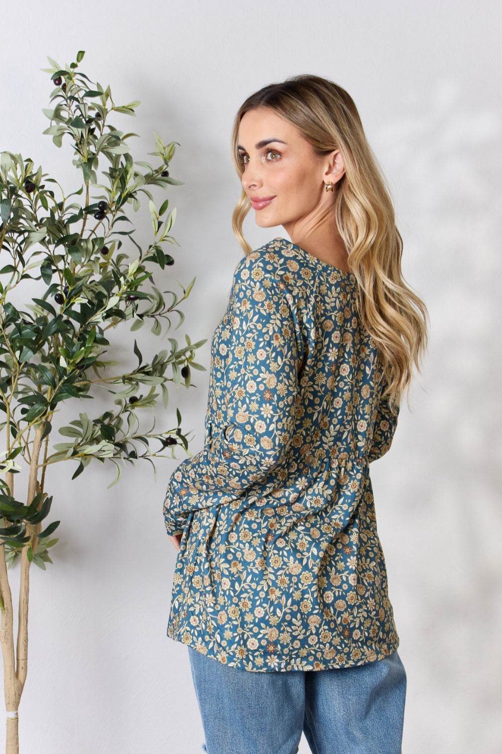 Heimish Full Size Floral Half Button Long Sleeve Blouse - Delanoir
