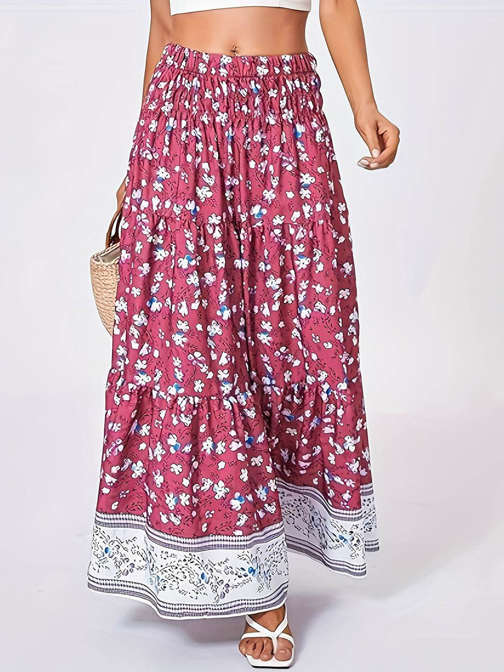 Full Size Tiered Printed Elastic Waist Skirt - Delanoir