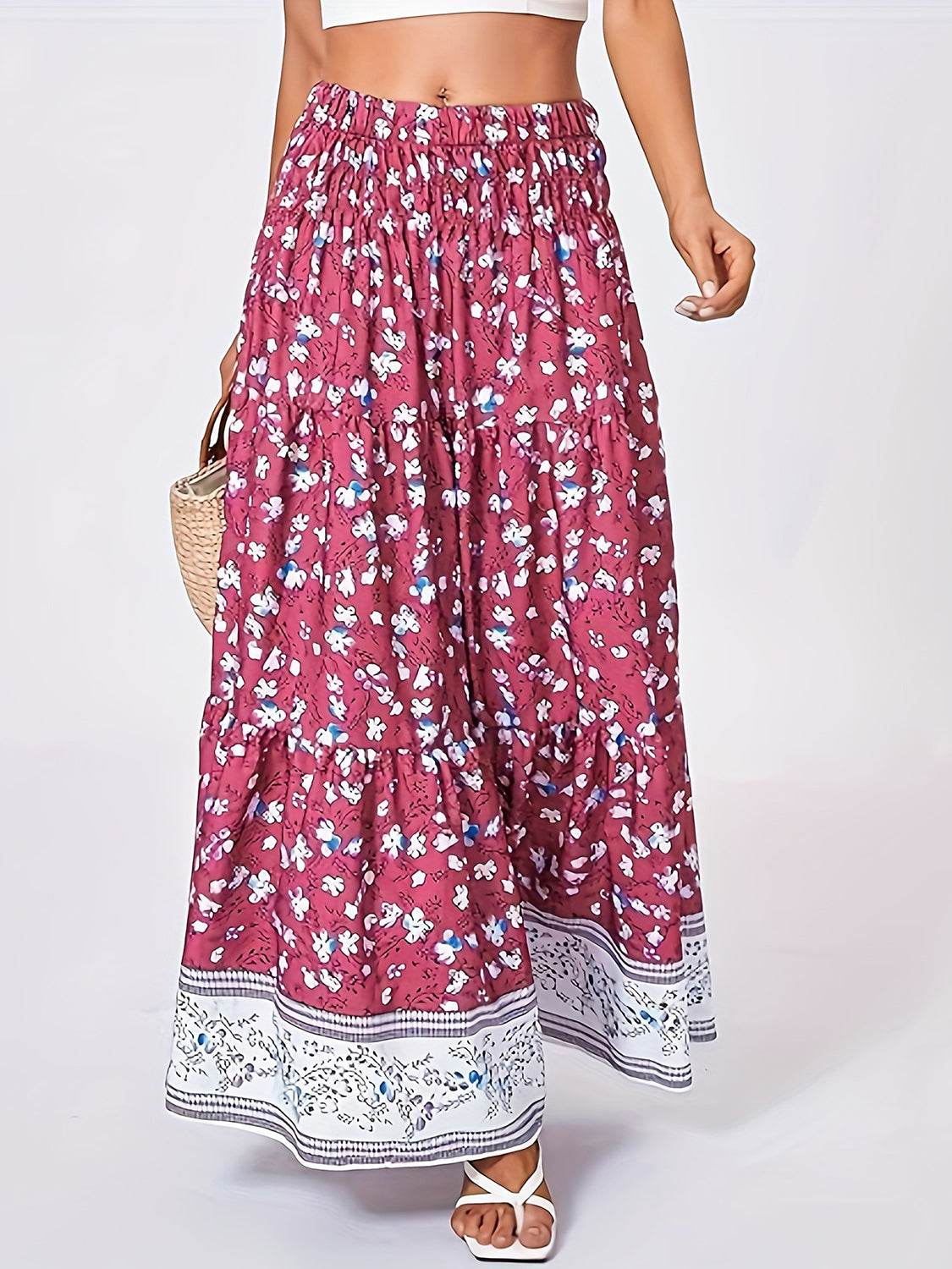Full Size Tiered Printed Elastic Waist Skirt - Delanoir