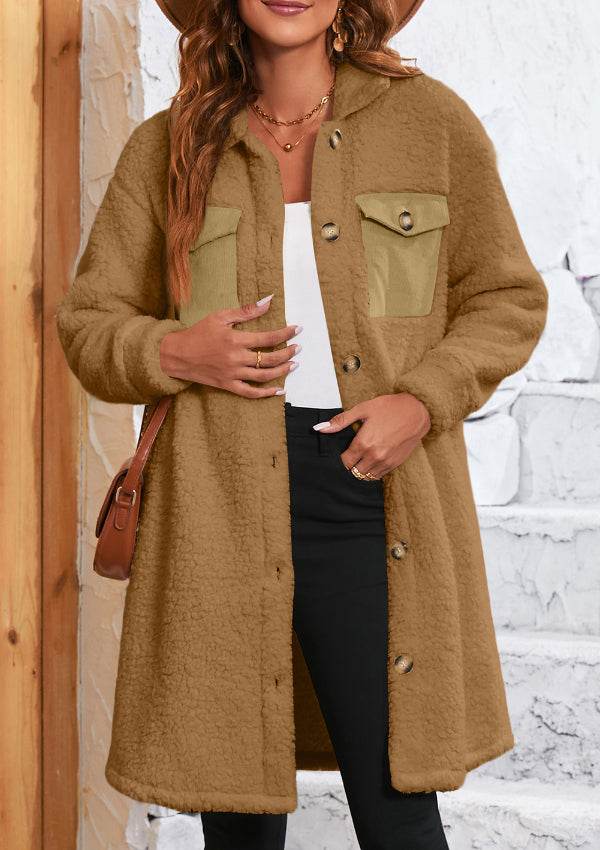 Collared Neck Long Sleeve Longline Teddy Jacket - Delanoir
