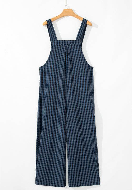 Plaid Wide Strap Wide Leg Overalls - Delanoir