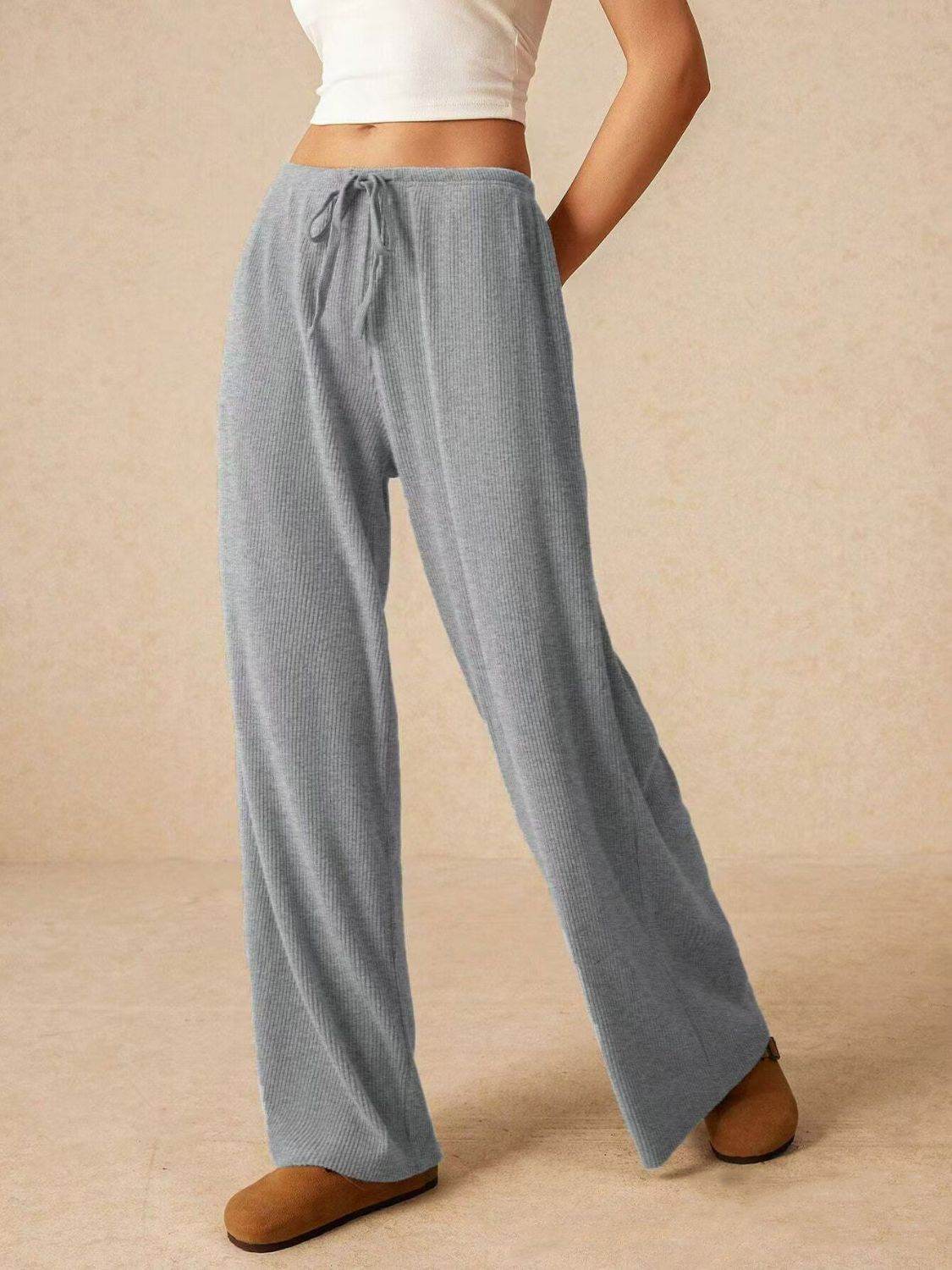 Ribbed Drawstring Wide Leg Pants - Delanoir