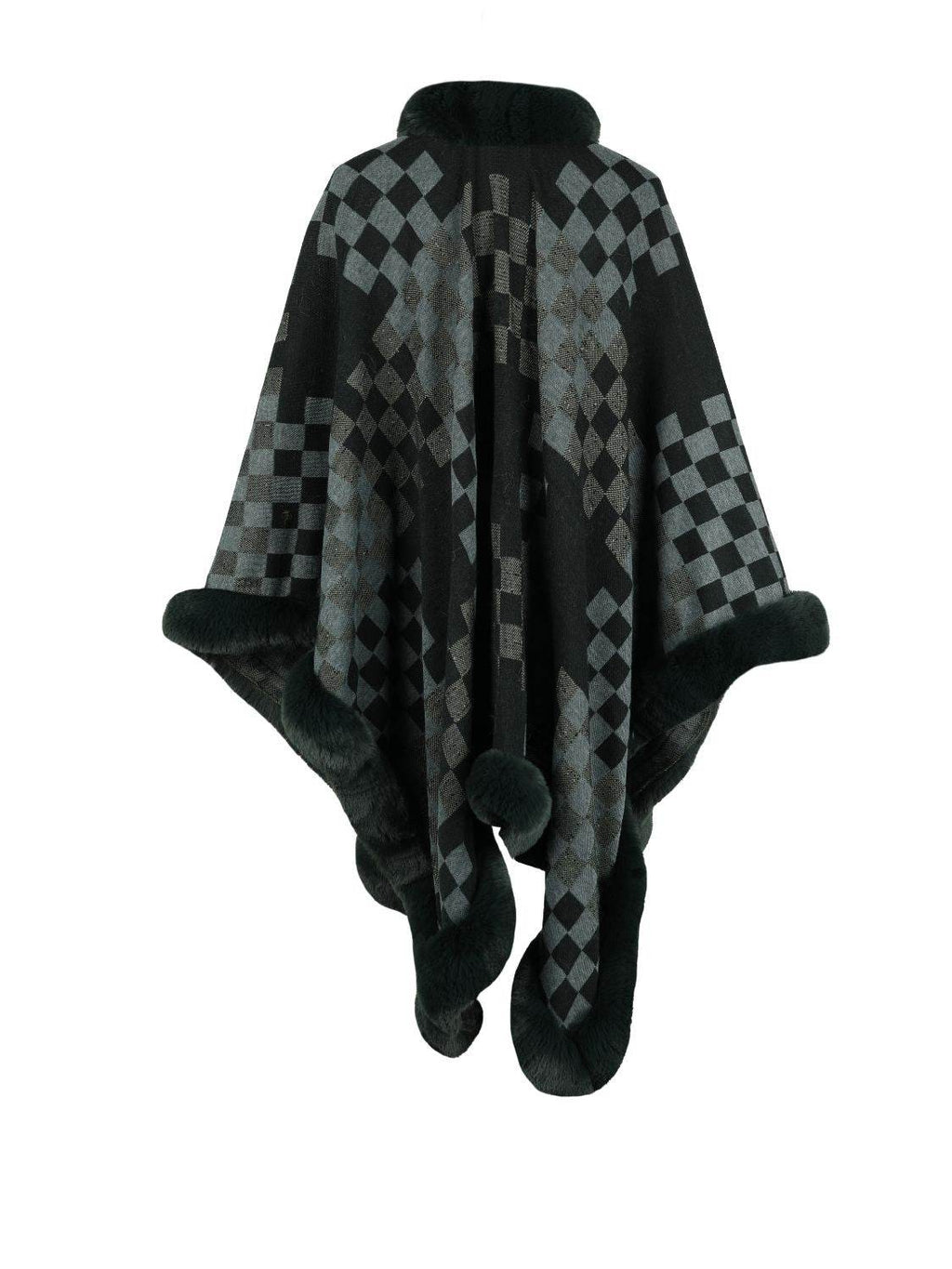 Checkered Faux Fur Trim Poncho - Delanoir