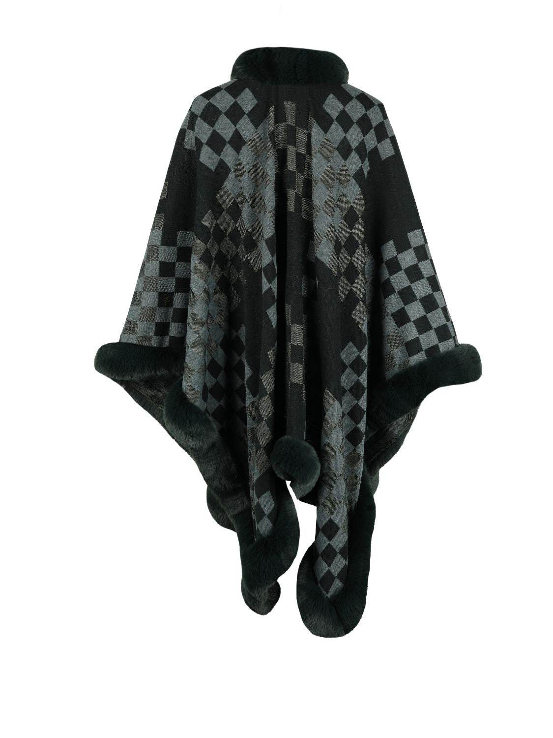 Checkered Faux Fur Trim Poncho - Delanoir