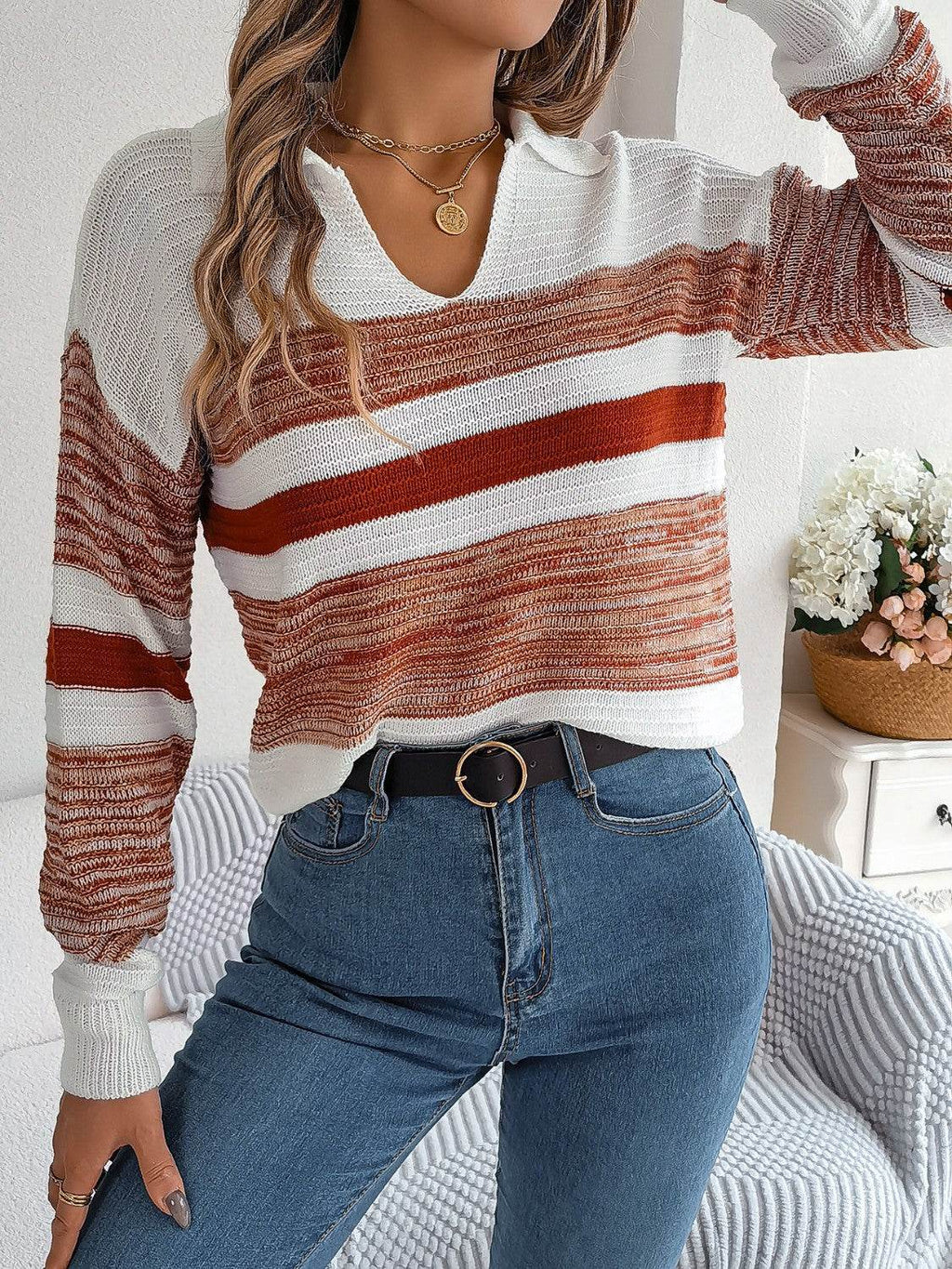 Striped Collared Neck Long Sleeve Sweater - Delanoir
