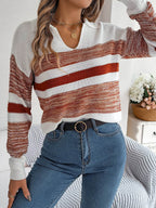 Striped Collared Neck Long Sleeve Sweater - Delanoir