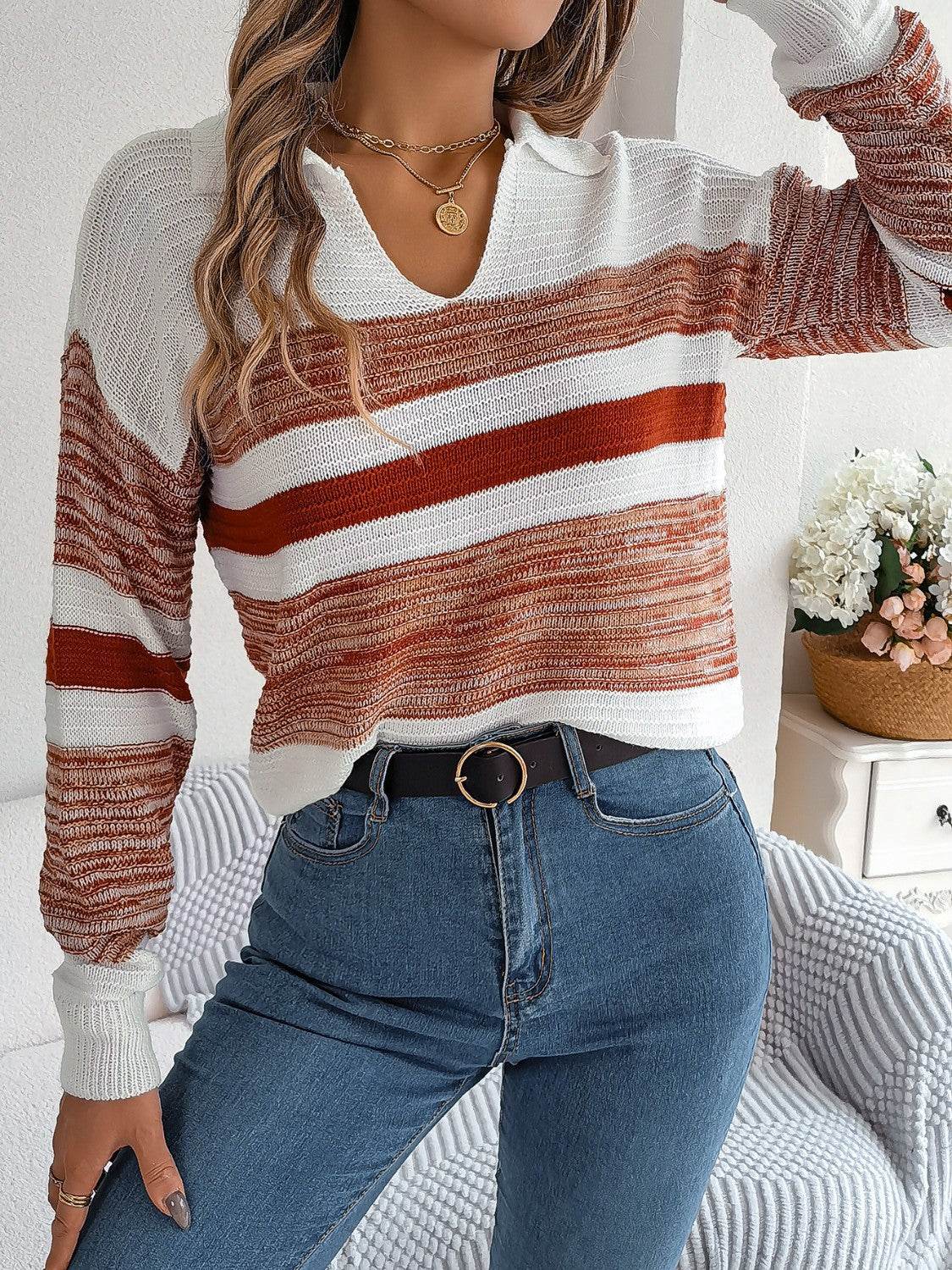 Striped Collared Neck Long Sleeve Sweater - Delanoir