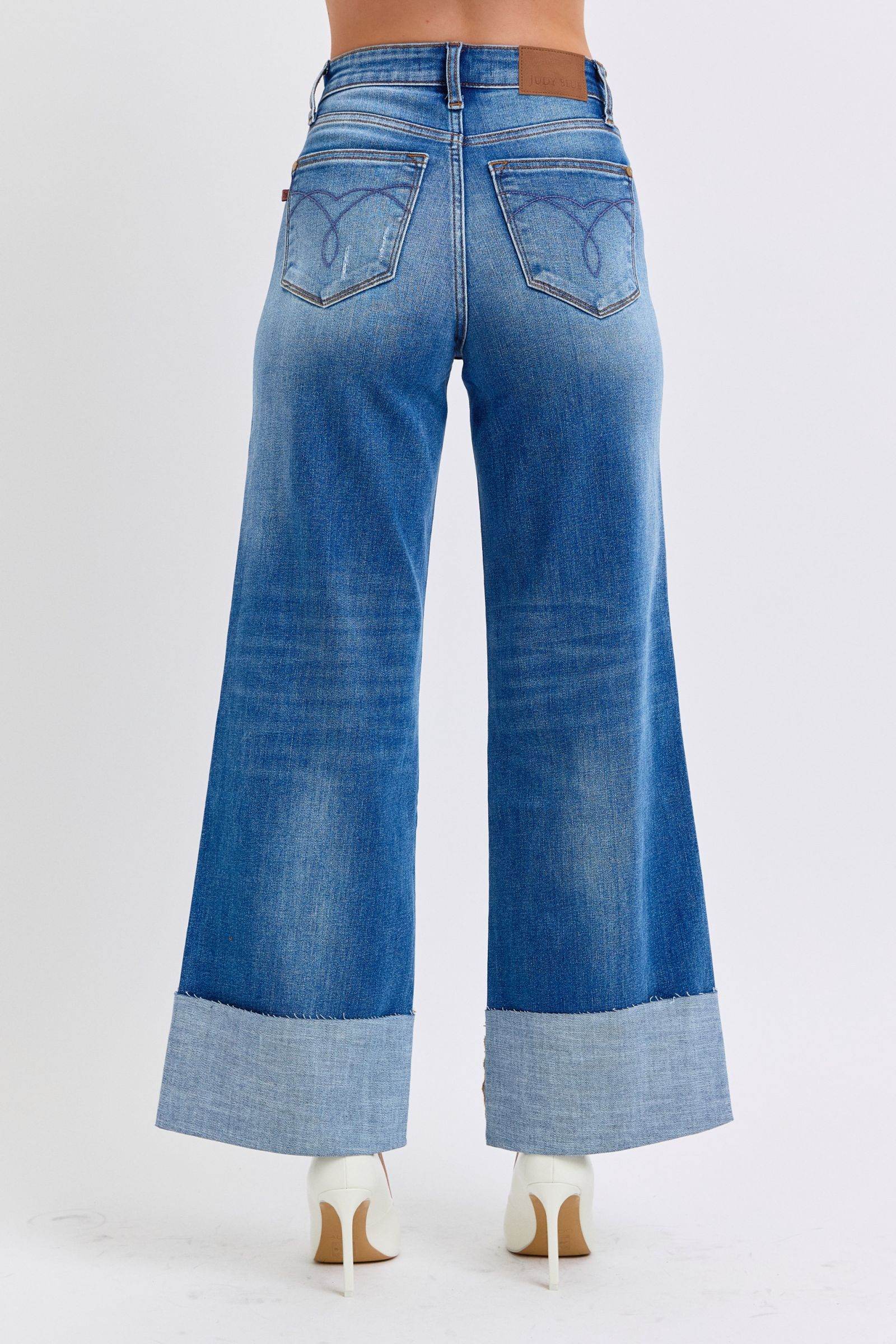 Judy Blue Full Size Distressed High Waist Wide Leg Jeans - Delanoir