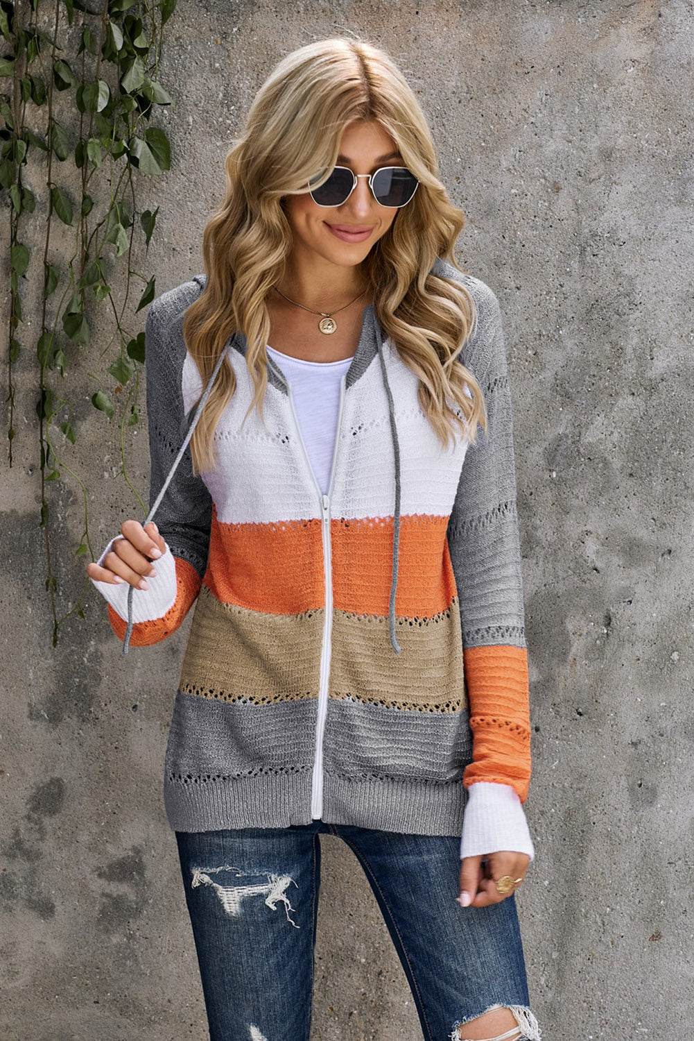 Zip-Up Raglan Sleeve Openwork Hooded Cardigan - Delanoir