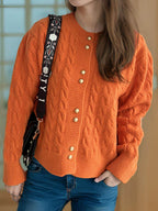Cable-Knit Round Neck Long Sleeve Cardigan - Delanoir