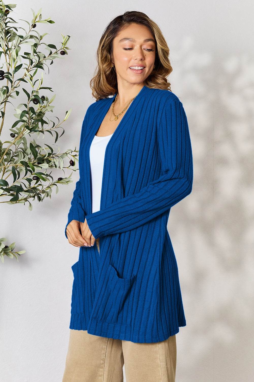 Basic Bae Full Size Ribbed Open Front Cardigan with Pockets - Delanoir