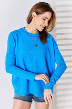 Zenana Ribbed Trim Round Neck Long Sleeve Top - Delanoir