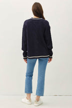 Be Cool Contrast Trim Cable-Knit V-Neck Cardigan - Delanoir