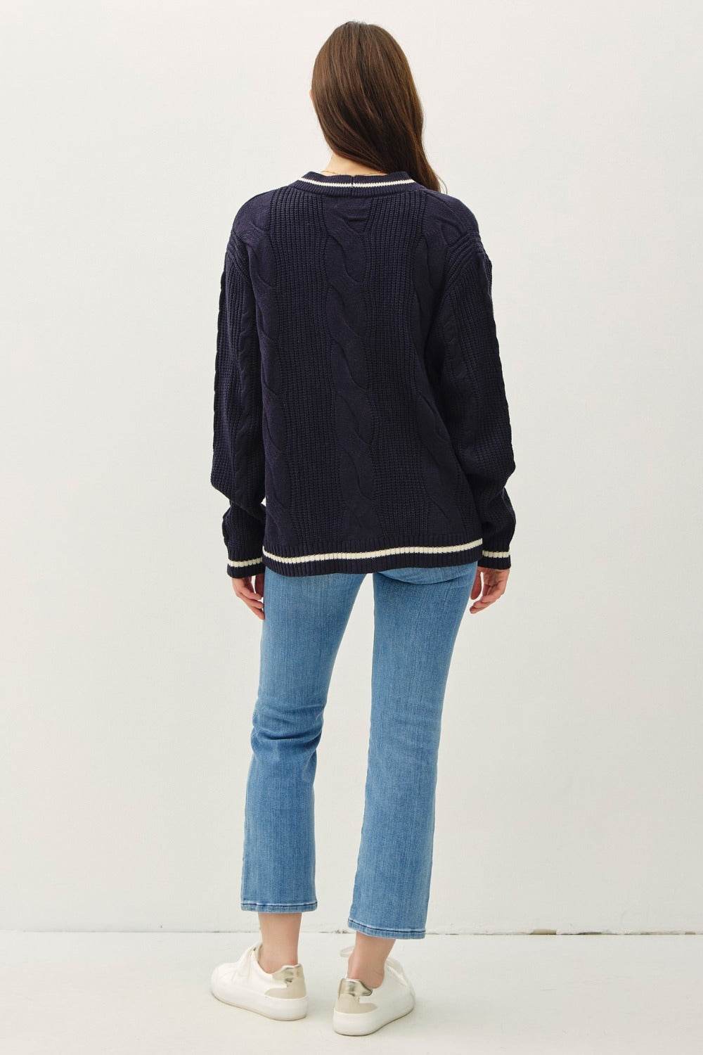 Be Cool Contrast Trim Cable-Knit V-Neck Cardigan - Delanoir