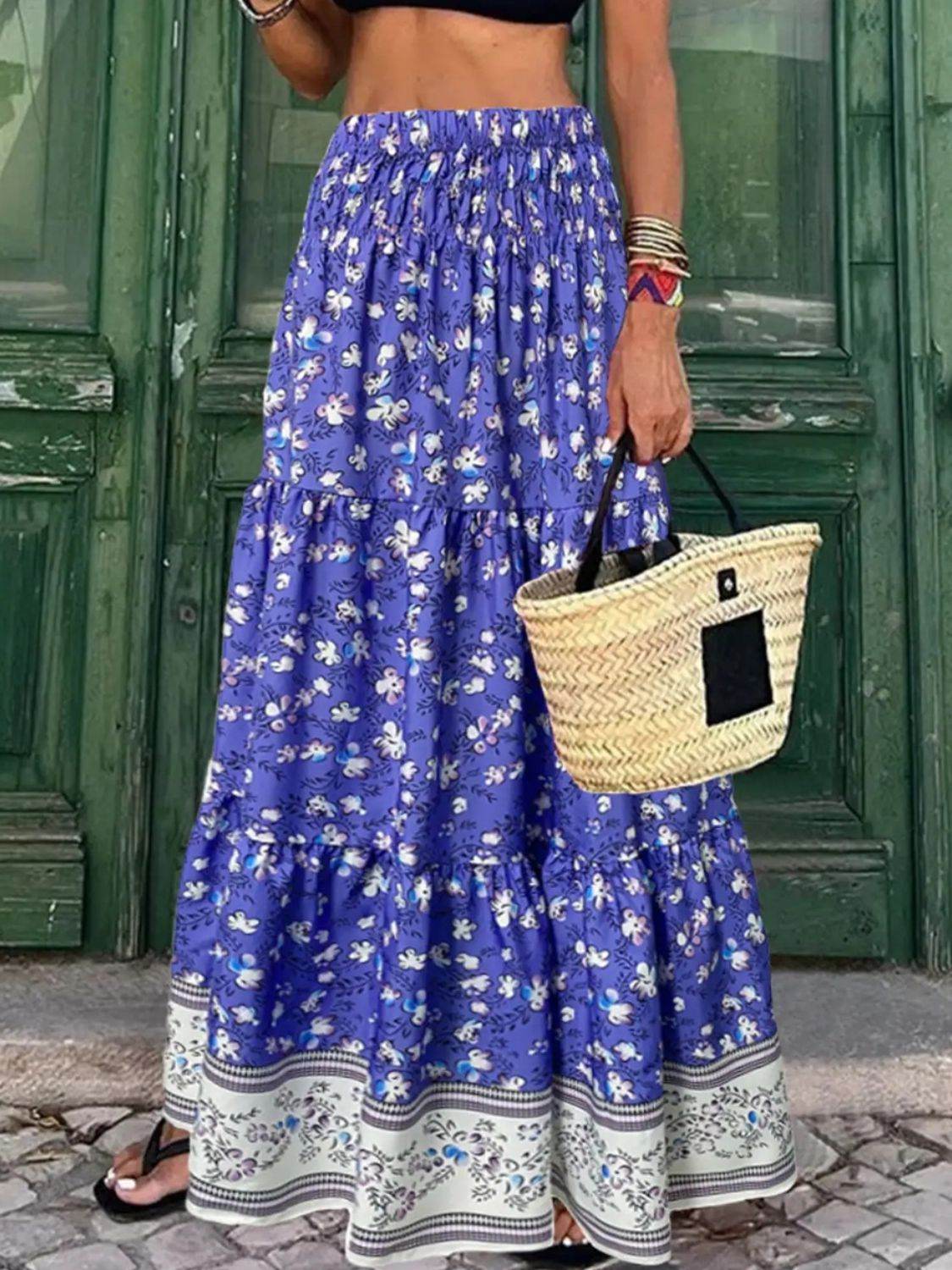 Full Size Tiered Printed Elastic Waist Skirt - Delanoir