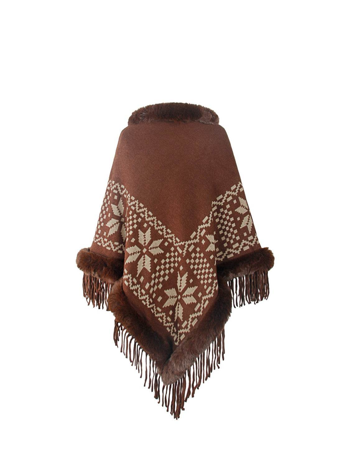 Fringe Geometric Cape Sleeve Poncho - Delanoir
