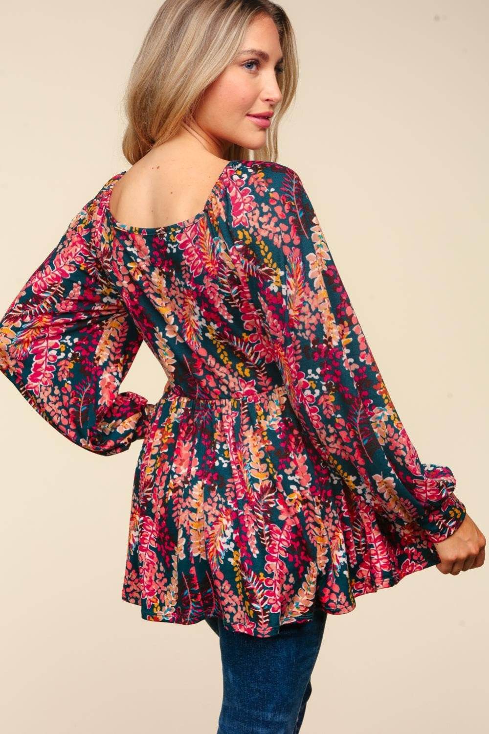 Haptics Full Size Peplum Floral Square Neck Blouse - Delanoir