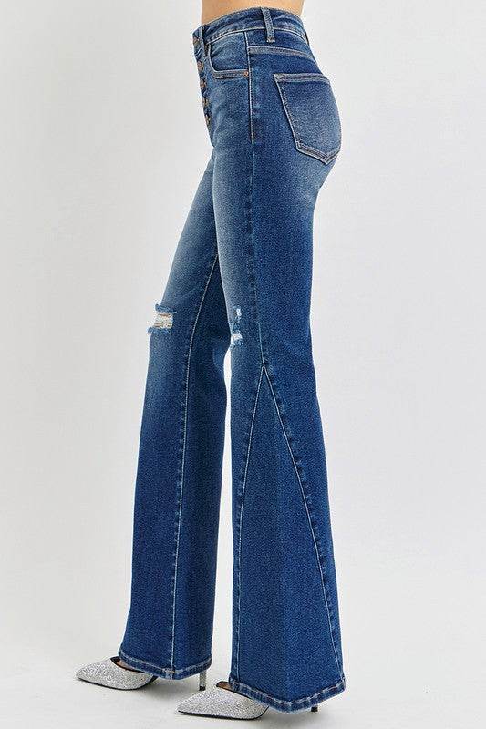 RISEN Distressed Button-Fly Flare Jeans - Delanoir