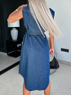 Collared Neck Cap Sleeve Denim Dress - Delanoir