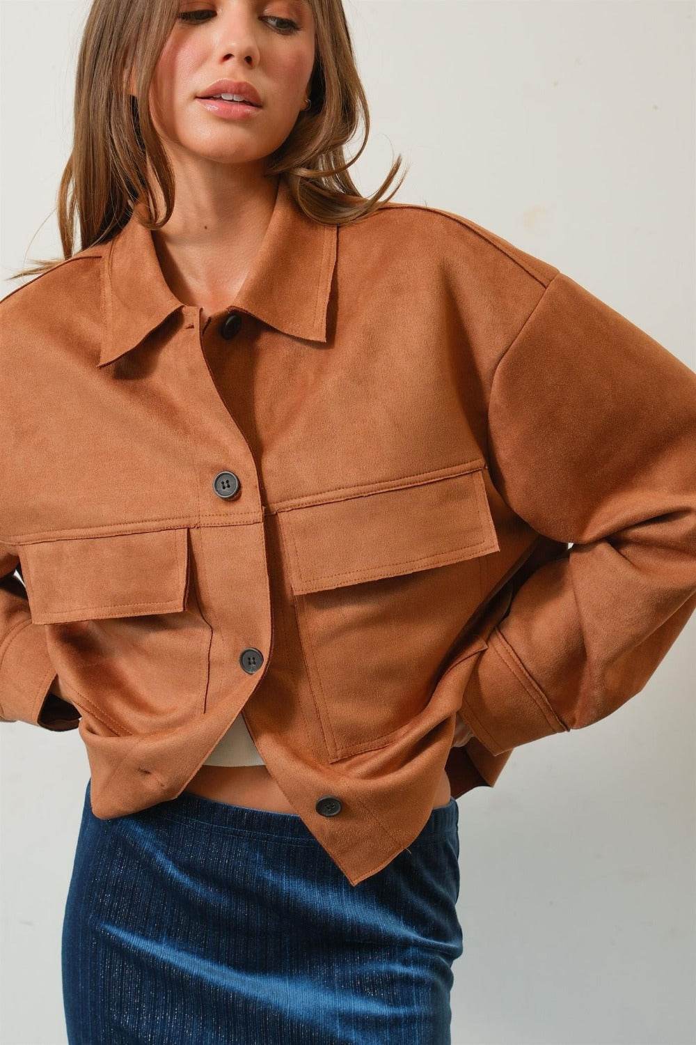 HYFVE Suede Button Down Cropped Jacket - Delanoir