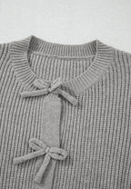 Bow Round Neck Long Sleeve Cardigan - Delanoir