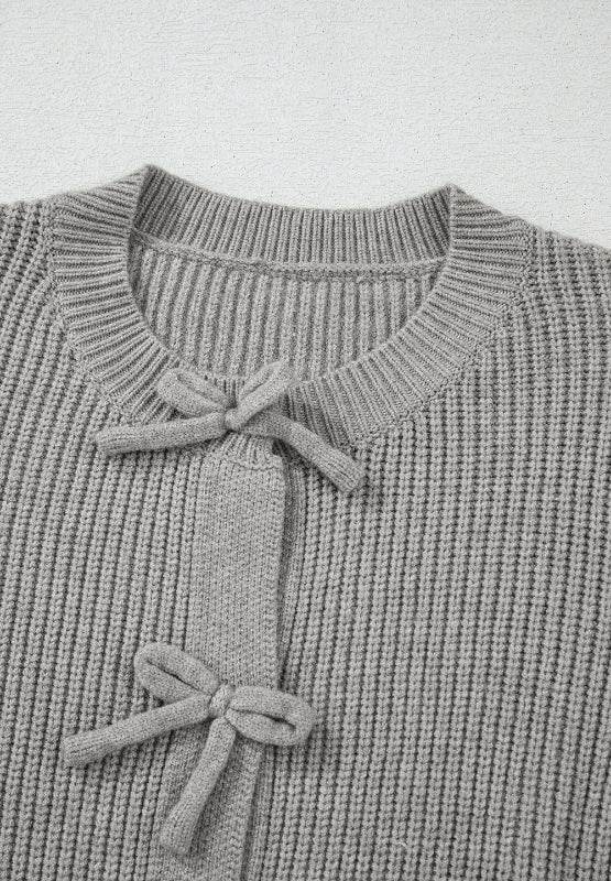 Bow Round Neck Long Sleeve Cardigan - Delanoir