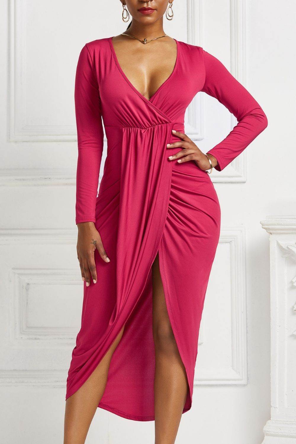 High-low Ruched Surplice Long Sleeve Dress - Delanoir