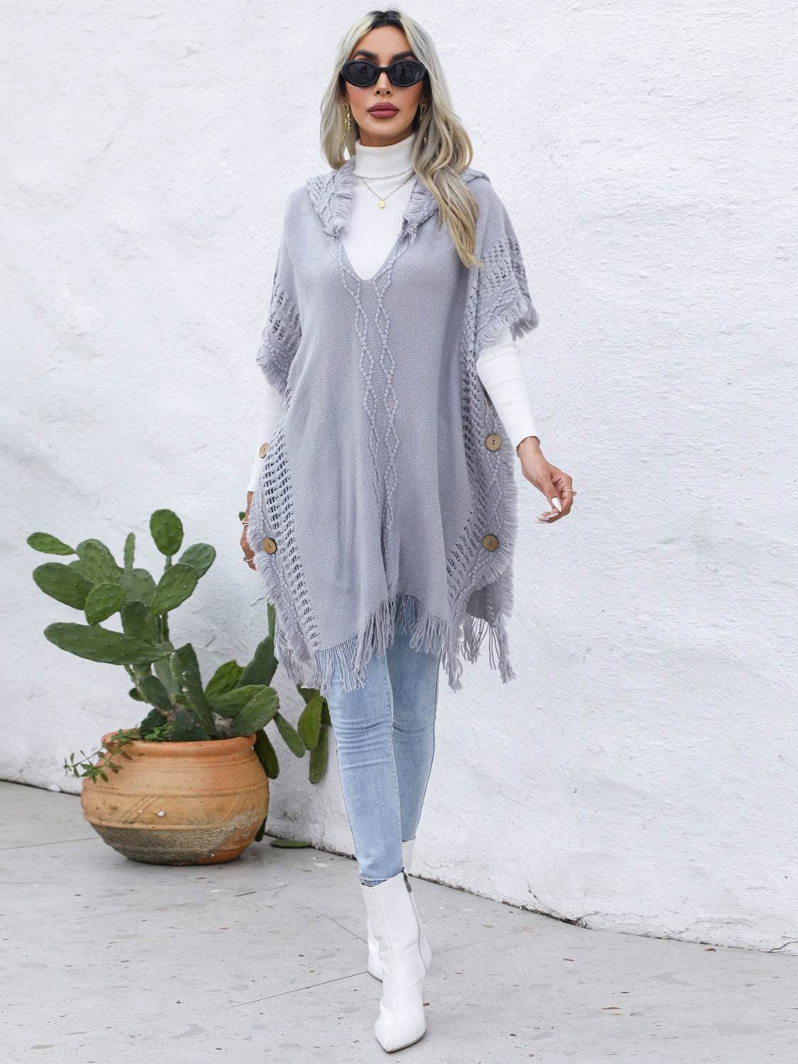 Fringe Trim Buttoned Hooded Poncho - Delanoir