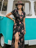 Split Printed V-Neck Short Sleeve Dress - Delanoir