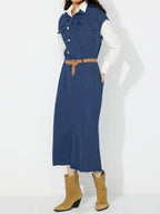 Slit Half Button Collared Neck Cap Sleeve Denim Dress - Delanoir