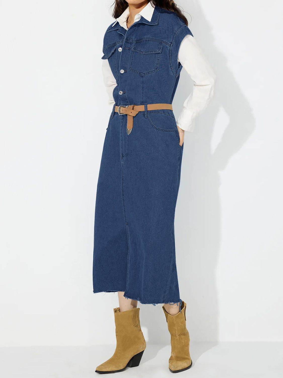 Slit Half Button Collared Neck Cap Sleeve Denim Dress - Delanoir