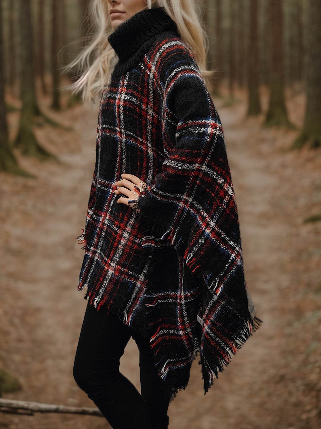 Shiny Turtleneck Plaid Raw Hem Sweater - Delanoir