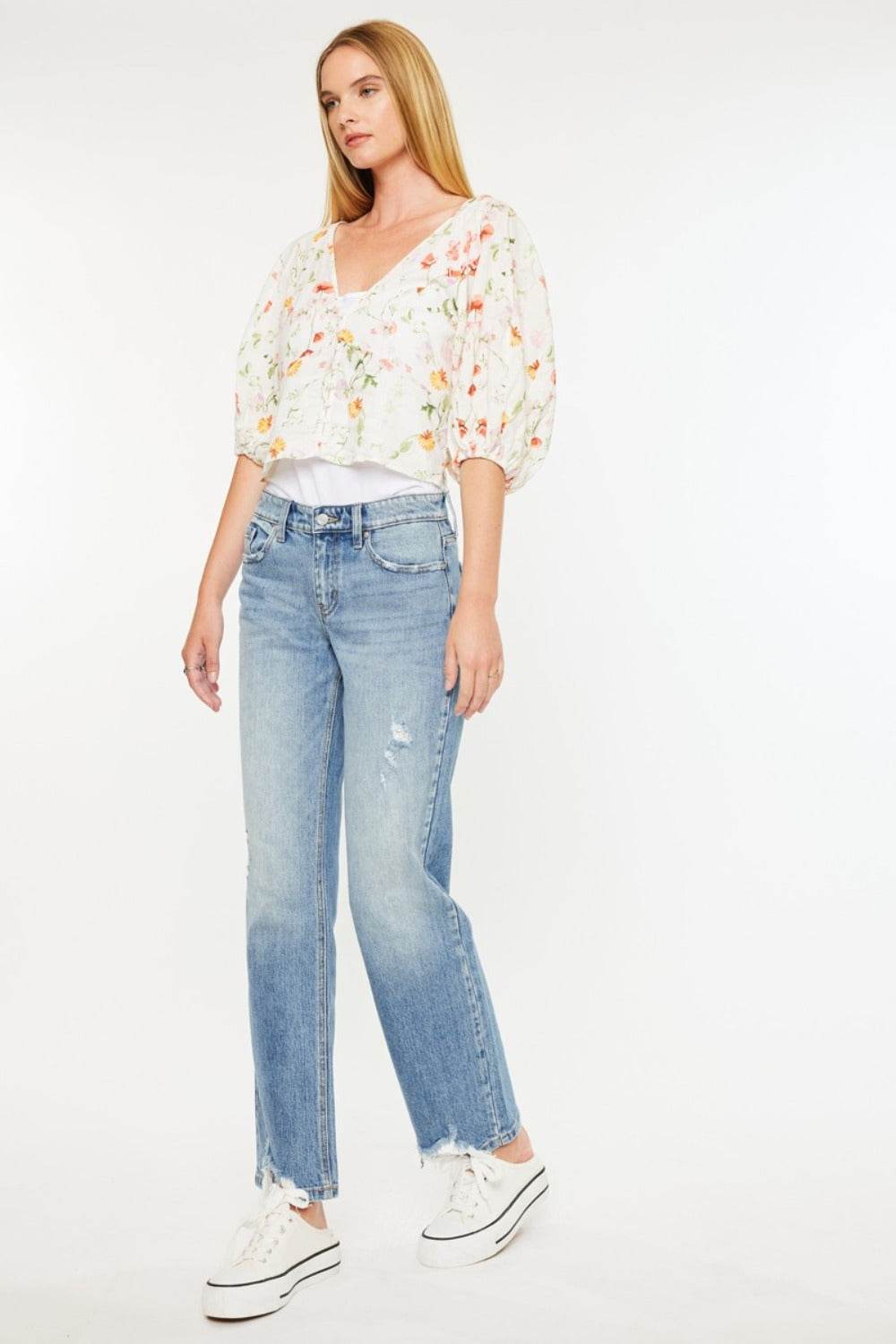 Kancan Mid Rise Frayed Hem Straight Jeans - Delanoir