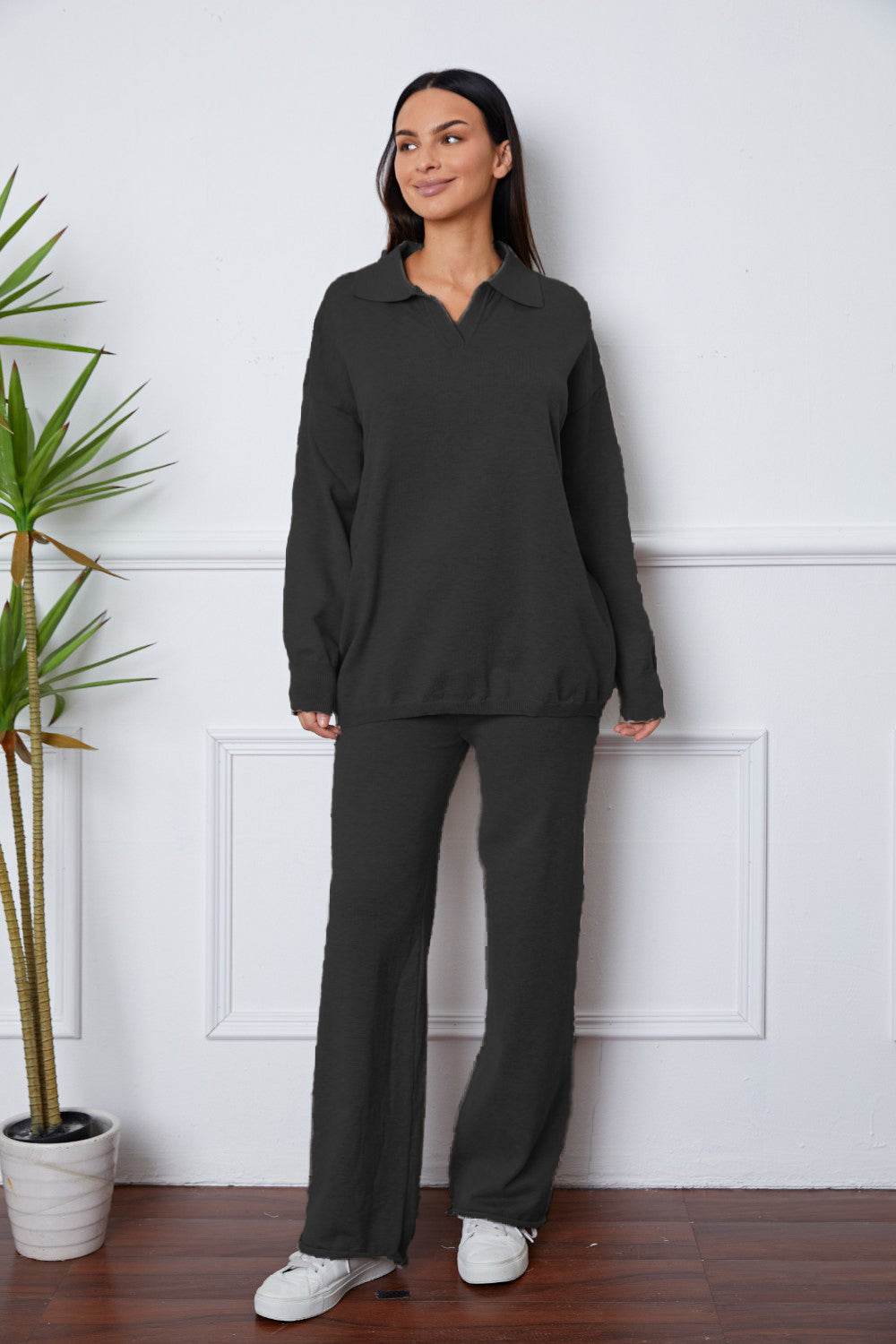 Dropped Shoulder Sweater and Long Pants Set - Delanoir