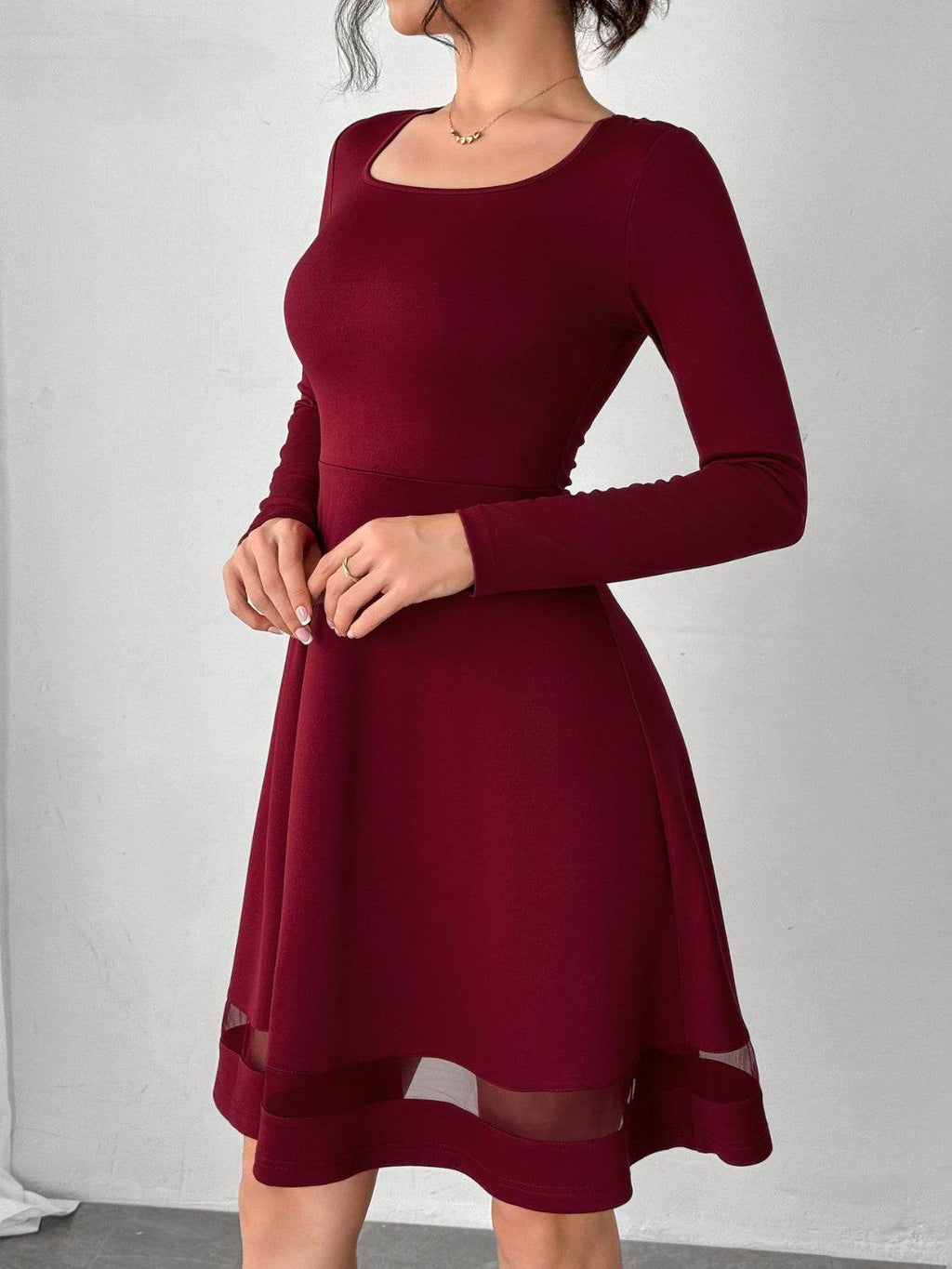 Square Neck Long Sleeve Mini Dress - Delanoir